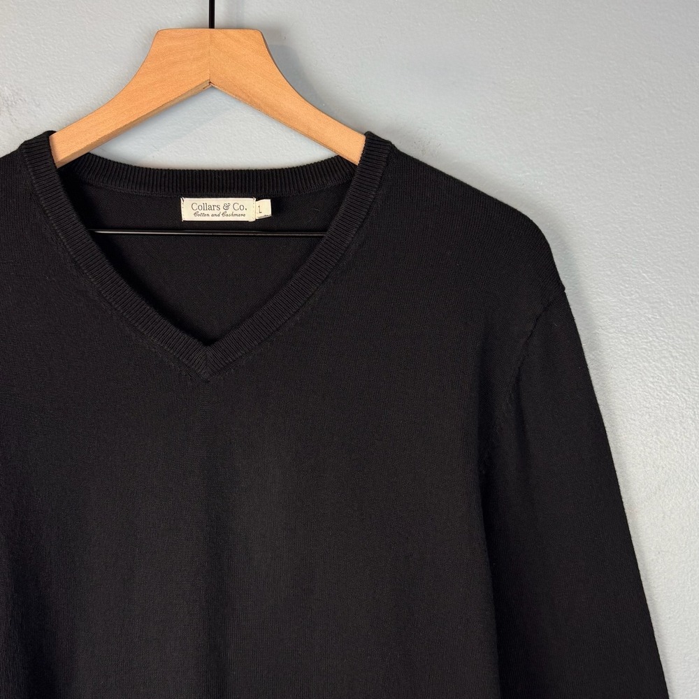 Collars & Co. Mens Large Black Cotton Cashmere Blend V-Neck Pullover Sweater